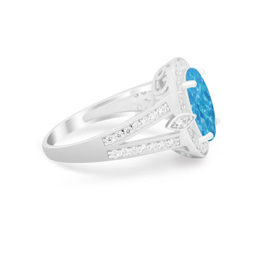 Art Deco Split Shank Engagement Bridal Ring Lab Created Blue Opal 925 Sterling Silver